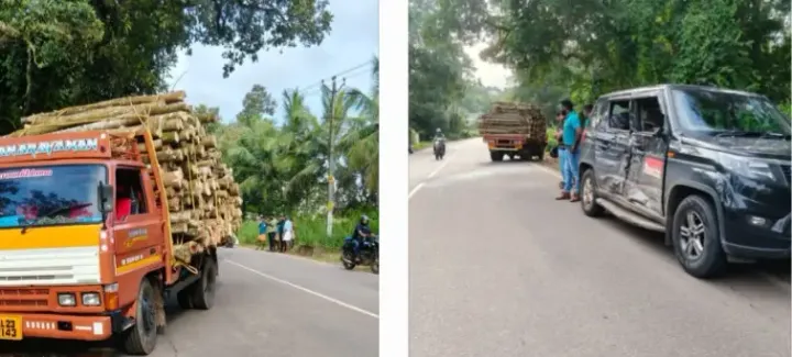 തടി കയറ്റിയ ലോറി കാറിലിടിച്ച് അപകടം